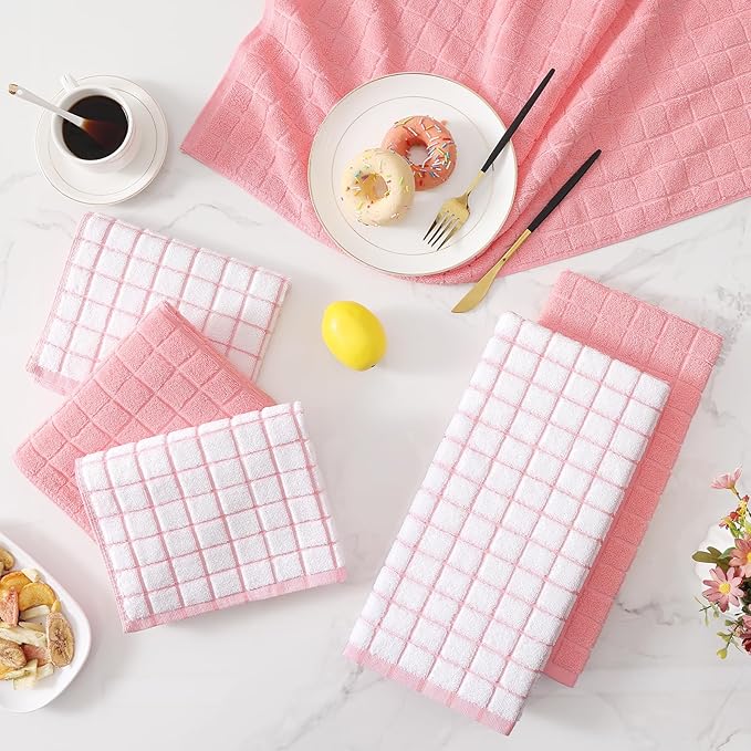 Homaxy Premium Cotton Kitchen Towels 16"x 28", Large Natural Ring Spun 390 GSM Dish Towels, Super Absorbent Terry Kitchen Hand Towels, Soft Tea Towels with Hanging Loop, Pink Check Design, 12 Pack