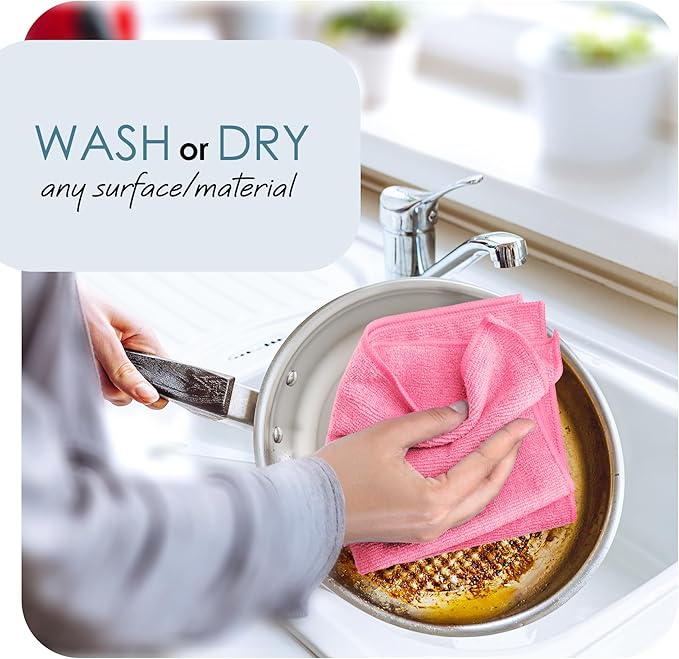 Hearth & Harbor Microfiber Cleaning Cloth, Towels for Cars 144 Pack Washcloths, Pink Rags, Reusable Towel, Cloth Rags Cleaning, Lint Free 12''x12''