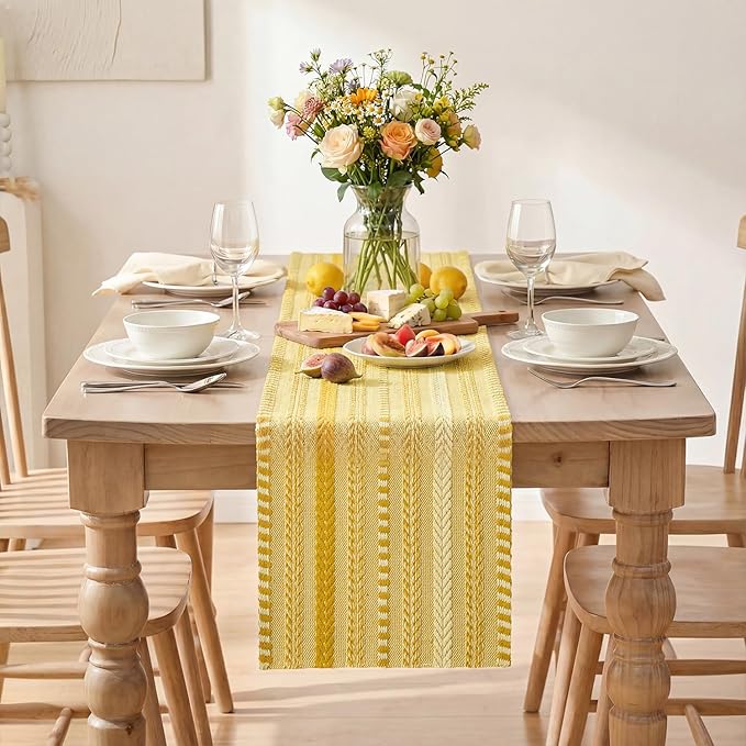Artoid Mode Yellow Farmhouse Woven Table Runner, Seasonal Holiday Rustic Kitchen Dining Table Decoration for Home Party Decor 12x72 Inch