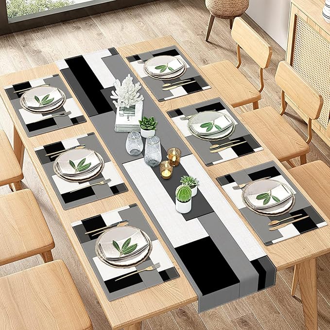 ArtSocket Geometric Table Runner and Placemats Set of 6, White Black Grey Abstract Painting Art Dining Decor for Daily Use(1 Table Runner 72 inches Long and 6 Placemats)