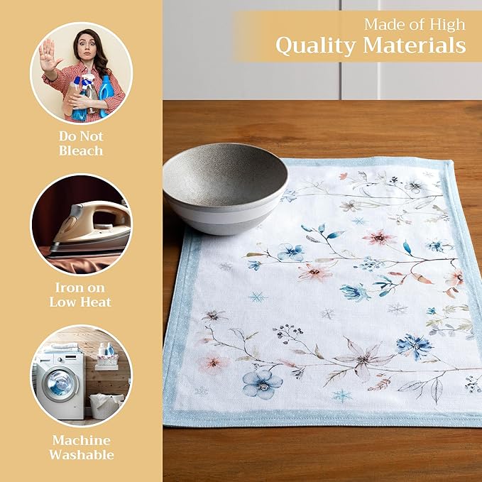 Maison d' Hermine Placemats Set of 4 100% Cotton Washable Cloth Place Mats, Reusable Table Mats for Thanksgiving Christmas Decorations Kitchen Dining Party Wedding Restaurant (Ice Florals, 13" x 19")