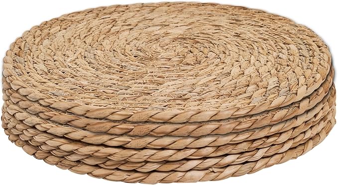6Pcs 12" Round Woven Rattan Placemats,Natural Hand-Woven Water Hyacinth Placemats,Farmhouse Weave Place Mats,Rustic Braided Wicker Table Mats (12inch Set of 6)