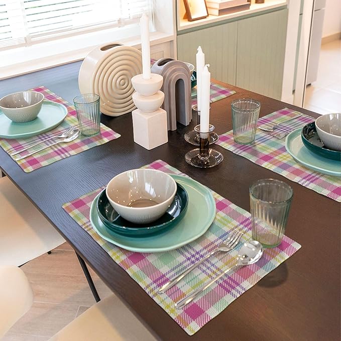 Easter Checkered Placemats Set of 4 Spring Colorful Buffalo Plaid Decor Place Mats 12x18 Inch Gingham Holiday Linen Table Mats for Home Kitchen Dining Party Table Decoration