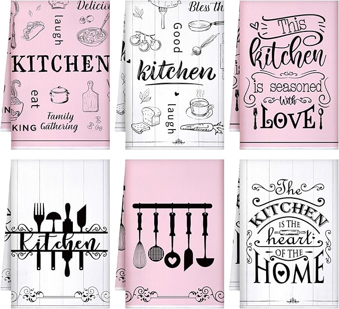 Bencailor 6 Pcs Kitchen Towels Decorative Sets Dish Towels Absorbent Fast Drying Hand Tea Vintage Hanging Reusable Cleaning Dishcloths for Cooking Farmhouse Bathroom Accessory(Pink and White,Classic)