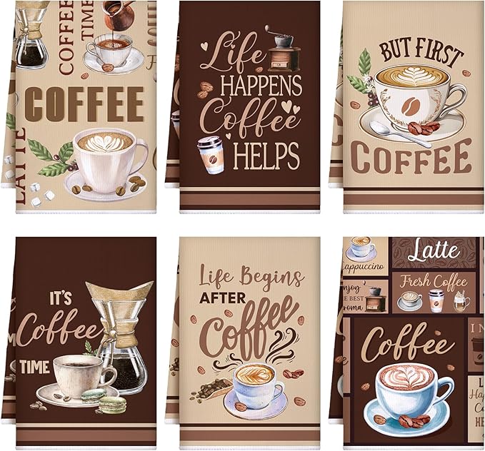 Bencailor 6 Pcs Coffee Kitchen Towels Decorative Sets Dish Towels Absorbent Fast Drying Hand Tea Vintage Hanging Reusable Cleaning Dishcloths for Cooking Farmhouse Bathroom Accessory