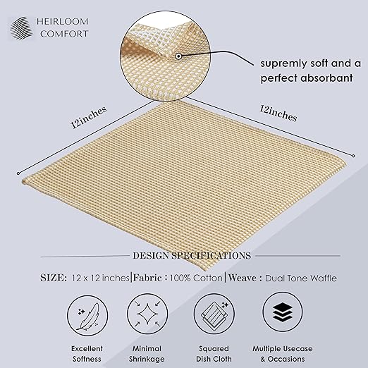 12 Pack Dual Tone Waffle Weave Dish Cloth, 12x12 Inch, 100% Cotton Dishcloth Set, Super Absorbent, Fast Dry, Teal Towels, Soft Hand Towel, Durable Dish Rags & Wash Cloth, Beige