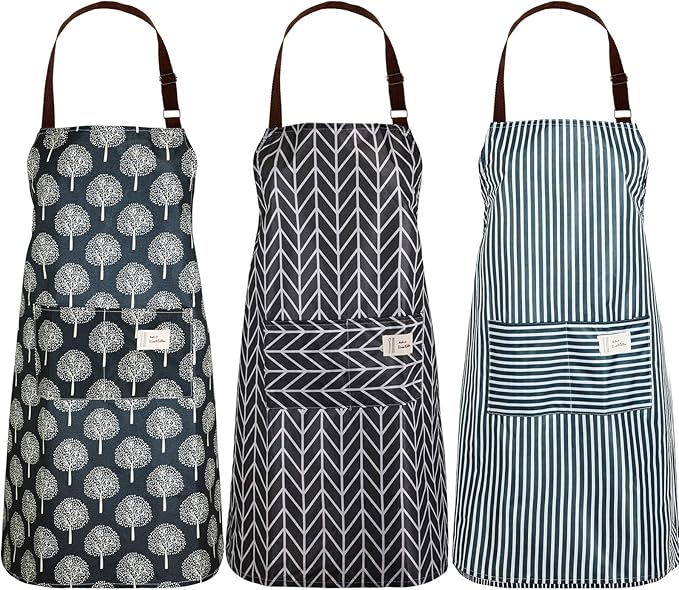 SATINIOR 3 Pieces Waterproof Bib Apron with 2 Pockets Adjustable Cooking Kitchen Apron for Women Men Chef BBQ Baking Cleaning