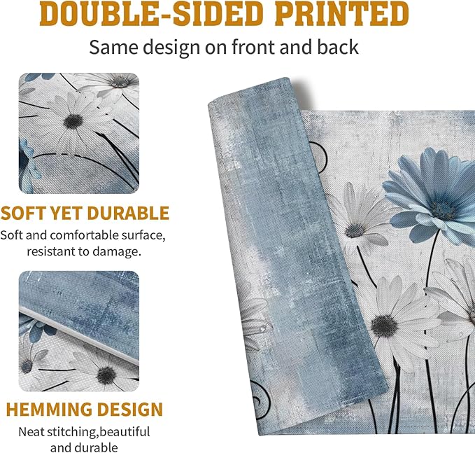 Daisy Placemats Set of 4 Blue Grey Rustic Vintage Floral Table Place Mats 12x18 Inch Seasonal Flower Spring Summer Linen Placemat for Party Kitchen Dining Outdoor Indoor Decor