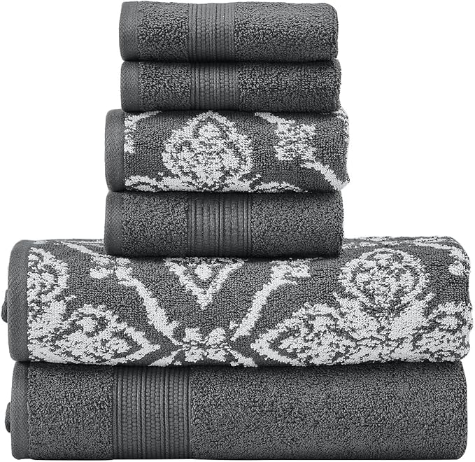 Modern Threads Amaris 6-Piece Reversible Yarn Dyed Jacquard Towel Set - Bath Towels, Hand Towels, & Washcloths - Super Absorbent & Quick Dry - 100% Combed Cotton, Coal
