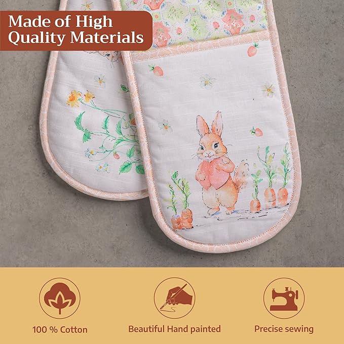 Maison d' Hermine Double Oven Mitts 100% Cotton 7"x35" Double Oven Mitt Heat Resistant BBQ Cooking Gloves with Loop Baking Grilling Gifts for Mothers Day Spring Summer (Bunny Party)