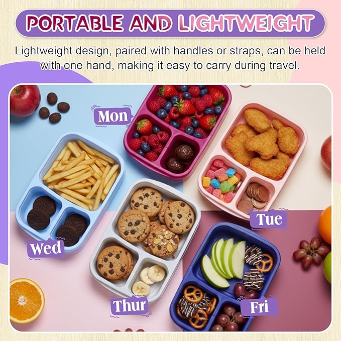 Honeydak 5 Pack Snack Containers 3 Compartment Bento Snack Boxes Divided Meal Prep Containers with Lids Reusable Adults Lunch Food Storage Box for School Work Travel(Blue White Purple)