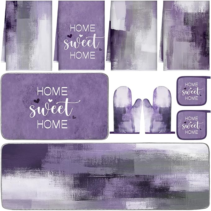 Fourluoo 10 Pcs Grey and Purple Kitchen Decor Purple Oven Mitts and Pot Holders Kit Farmhouse Dish Towels Kitchen Rugs Marble Pattern Oven Gloves for Home Baking Cooking Birthday Summer Gifts Decor
