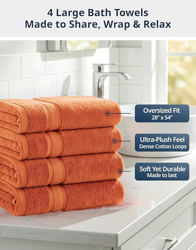 Lane Linen 100% Cotton 4 Pack Bath Towels (28"x54") - Zero Twist, Mercerized Cotton Towel Sets for Bathroom - Quick Dry, Soft & Absorbent Large Bath Towel Set - Salon, Spa & Hotel Quality - Tiger Lily