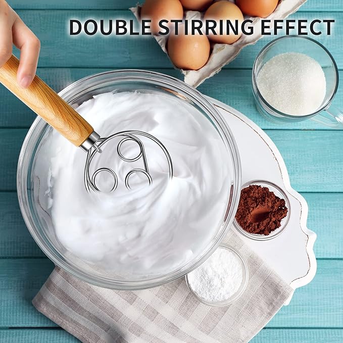 TEEVEA Danish Dough Whisk for Bread Sourdough, Wooden Handle & Stainless Steel Hook