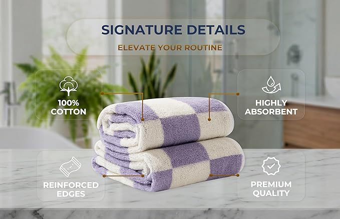 Madi-Cadi 100% Cotton Checkerboard Towels Set of 2, Farmhouse Kitchen & Guest Bathroom Towels, 13 x 29 Inches, Highly Absorbent Lint-Free Dish & Hand Towels with Double-Stitched Hems(Lavender)