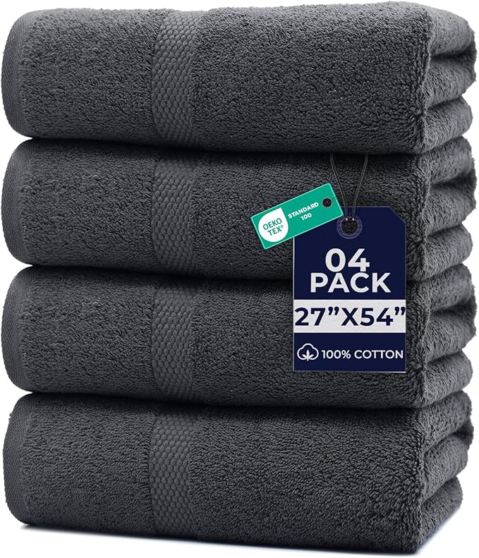 DAN RIVER Bath Towels Set of 4, 27 x 54 Inches, 100% Cotton, Larger & Lighter Weight, Quicker to Dry, Super Soft and Absorbent, Ideal Cotton Bath Towels for Daily Use, Dark Gray