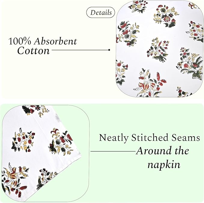 CPC Cloth Napkins Set of 4 Cotton Printed Dinner Hand Print Napkins I Wedding Cocktail Cloth Floral Napkins I 18x18 in I Fall Green