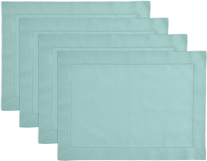 Solino Home Cotton Linen Placemats Set of 4 - Hemstitch Pastel Turquoise Placemats 14 x 19 Inch - Machine Washable Table Mats for Spring, Summer, Mothers Day
