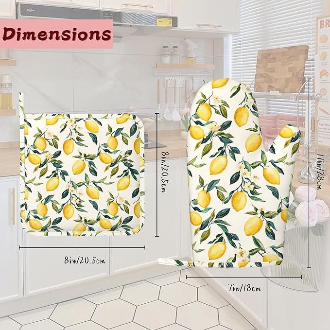Retro Lemon Floral Silicone Oven Mitts and Pot Holders,Heat-Resistant 4 Piece Kitchen Set Non-Slip Oven Gloves and Hot Pads for Cooking, Baking, Grilling,BBQ