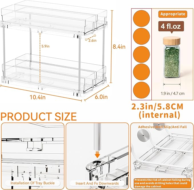 Yieach 2 Tier Sliding Spice Racks for Cabinets,4 Pack 10.4'' Deep Narrow Vertical Spice Rack Pull Out for Inside Cabinets,Kitchen,Pantry,Cupboard Seasoning,Jar Organizer and Medicine Cabinet Storage