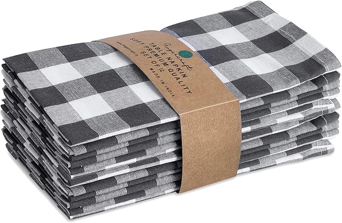 FINGERCRAFT Cloth Napkins, Everyday Use, Premium Quality, Cotton Buffalo Plaid, Set of 12, 20X20 Inch Oversized Napkins Cloth Mitered Corners, Soft, Durable Hotel Quality Charcoal White Checkered