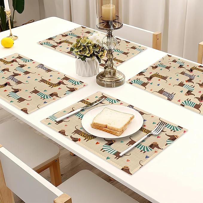 Dachshund Dogs Placemats Set of 6 Linen Heat Resistant,Love Hearts Table Mats Washable Rustic Place Mats Decoration for Home Kitchen Dining Room Party 12x18 Inch