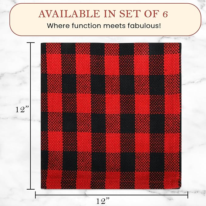 Vintage Vista 100% Cotton Dish Cloths (Pack of 6) - Dish Rags for Washing Dishes - Reusable & Highly Absorbent Kitchen Towels - Kitchen Rags fo Easter - (12" x 12" - Black & Red Checkered)