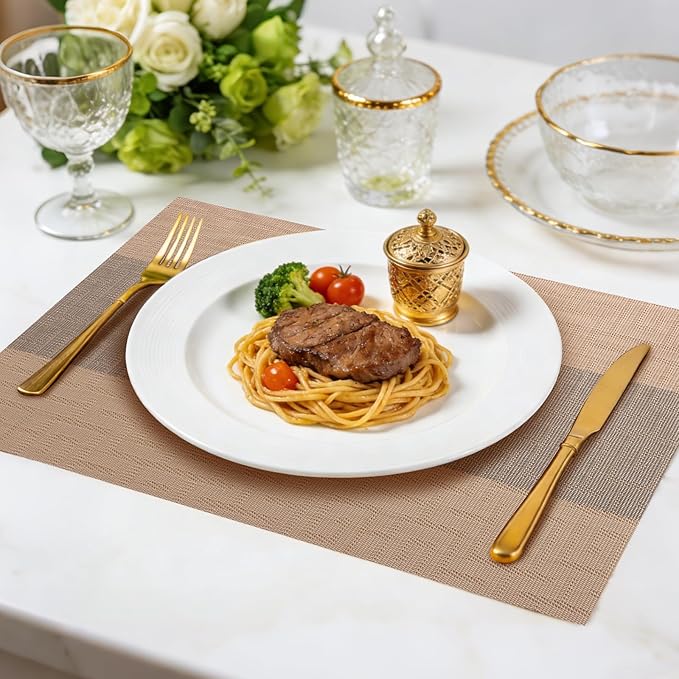 Timeet Placemats Set of 4, Heat Resistant Non-Slip Place Mats for Dining Table, Durable Washable PVC Vinyl Woven Table Mats, Resistant Kitchen Placemats Easy to Clean(Beige & Gray