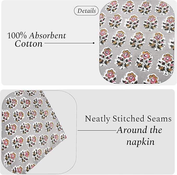 CPC Labra Gray Indian Block Print Cotton Cloth Napkins Set of 4, 18x18 Reusable Everyday Napkins, Soft, Absorbent, Floral Dinner Napkin, Holiday, Party Gift, Spring,Mother's Day