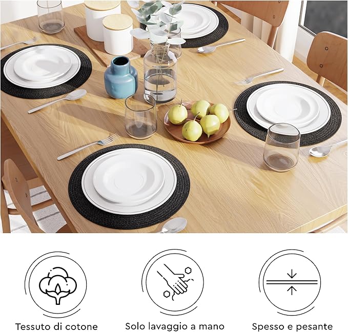 Encasa XO Dining Placemats Set of 6 | Cotton Round Table Mat - 13 in Diameter | Black | Handmade Rib Style Chargers for Dinner Plates