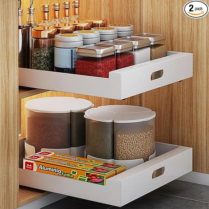 2 Pack Pull Out Cabinet Organizer Adhesive, 10" Wide 16.9" Deep Pull out Drawers for Face Frame or Frameless Cabinets, No Drill Heavy Duty Carbon Steel Drawer, Pantry Cabinet Shelf