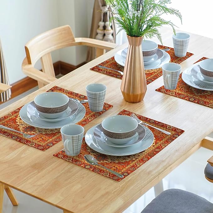 Giwawa Boho Ethnic Placemats Set of 4 Vintage Orange Brown Retro Flower Decorative Linen Table Place Mats 12"x18" Rustic Country Style Floral Place Mats Heat Resistance for Kitchen Dining Farmhouse