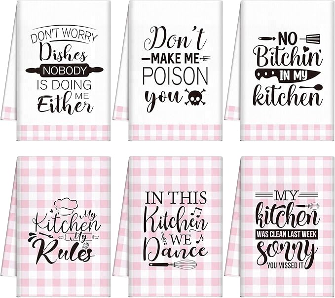 Bencailor 6 Pcs Pink White Kitchen Towels Do Not Make Me Poison You Decorative Sets Dish Towels Absorbent Fast Drying Hand Tea Vintage Hanging Reusable Cleaning Dishcloths for Cooking Farmhouse