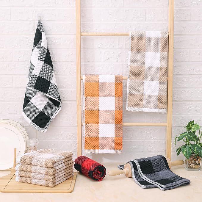 Homaxy 100% Cotton Waffle Weave Check Plaid Kitchen Towels, 13 x 28 Inches, Super Soft and Absorbent Dish Towels for Drying Dishes, 4-Pack, White & Khaki