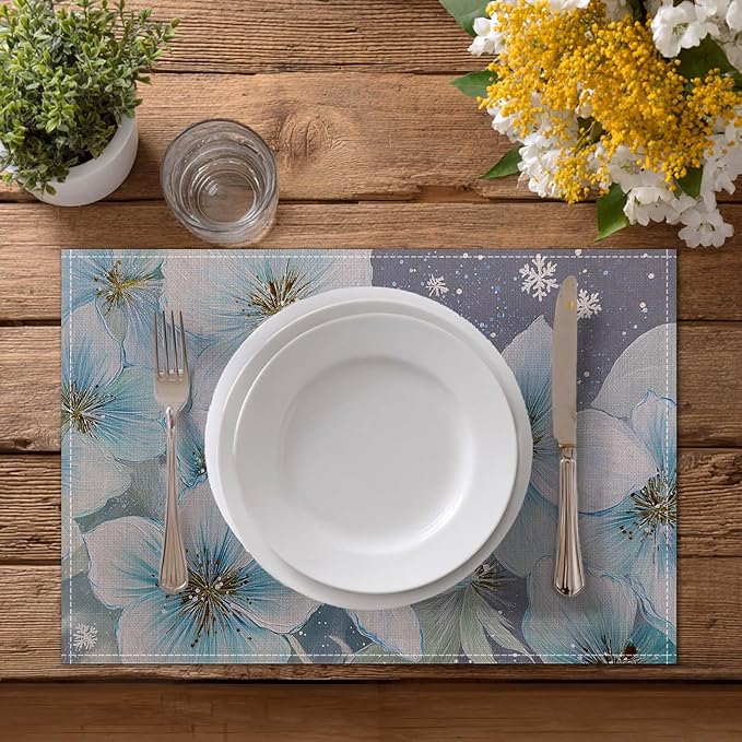 HOMETITUTE Placemats Set of 4 12x18 inch Blue Floral Table Mats for Dining Table Linen Placemats Farmhouse Decorations Kitchen Decor Desk Mat for Outdoor Home Party Kitchen Seasonal Dining