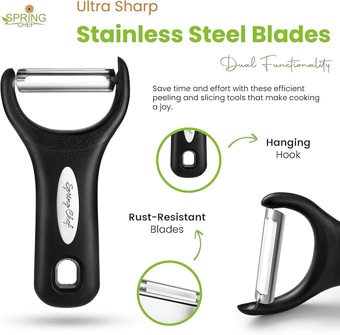 Spring Chef Stainless Steel Y Shaped Vegetable Peeler for Kitchen - Heavy Duty Potato Peeler with Ultra Sharp Blades & Soft Grip Handle for Apple, Carrot, Cucumber, Veggie, Fruit, Citrus - Black