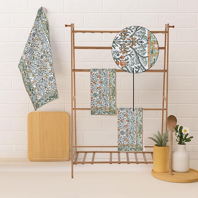 Ridhi Goldenrod Yellow Hand Block Print Waffle Kitchen Towel Set of 3-16 x28 Ultra Absorbent Quick Dry 100% Cotton Dish Towels Lightweight Reusable Sustainable Tea Towels for Cleaning and Drying