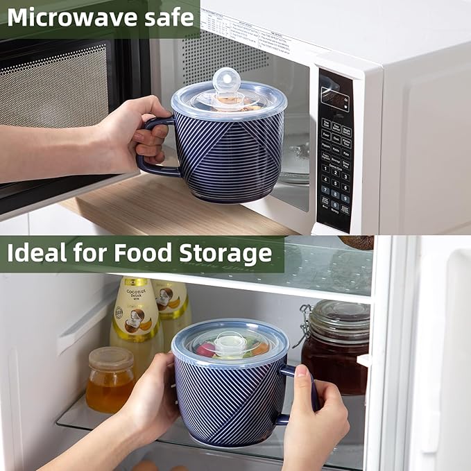 Ceramic Soup Bowl with Lid & Handle: 32 oz Microwave Safe Food Container for Ramen Noodles Cereal Leftovers - Extra Large Mugs for Breakfast Lunch Picnic Camping - Navy, Set of 1