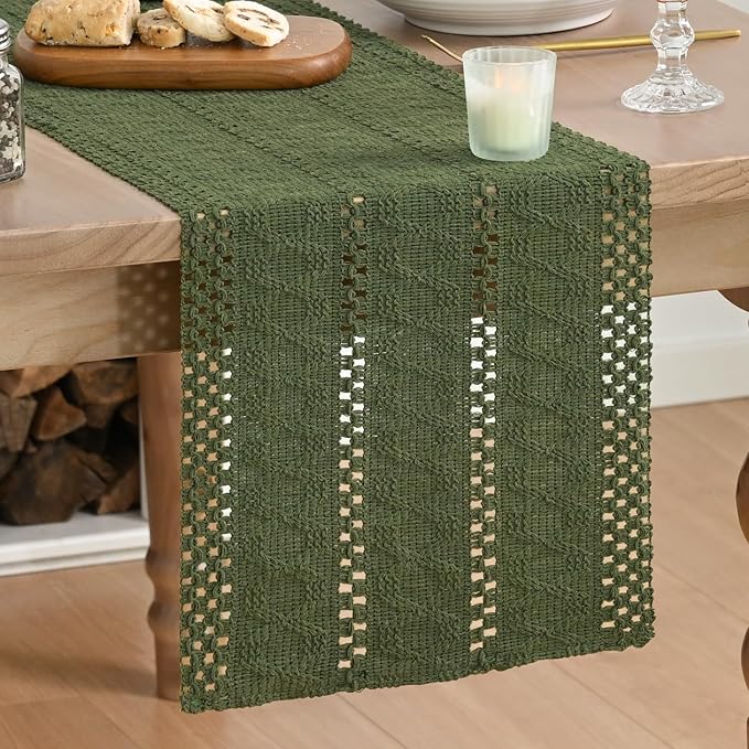 Artoid Mode Army Green Farmhouse Woven Rustic Hollow Table Runner, Seasonal Holiday Hollow Kitchen Dining Table Decoration for Home Party Decor 12x120 Inch