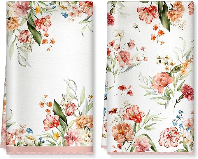 Watercolor Flowers Microfiber Kitchen Towels, Soft Absorbent Pink Floral Hand Towel 15.7 × 23.6 Inch, Thick Dish Cloth for Party Anniversary Holiday Decoration, Housewarming Gifts for Mom