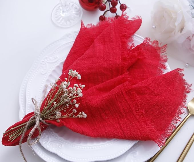 Cloth Napkins with Fringe Set of 12,100% Soft Cotton, Gauze Washable Napkins for Wedding Decorative,Valentine's Day, Dinner Parties,(16''*16'') Red
