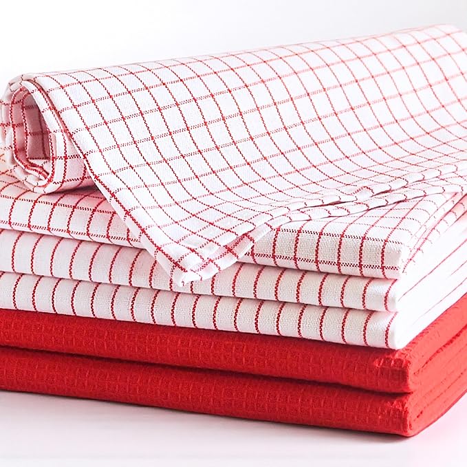 Highly Absorbent Cotton Kitchen Towels for Drying Dishes - Set of 6 Dish Towels - Narrow Red Stripes Plaid Waffle Dishtowels - 18"X28" Large Lint Free Linen Tea Hand Bulk T Towls