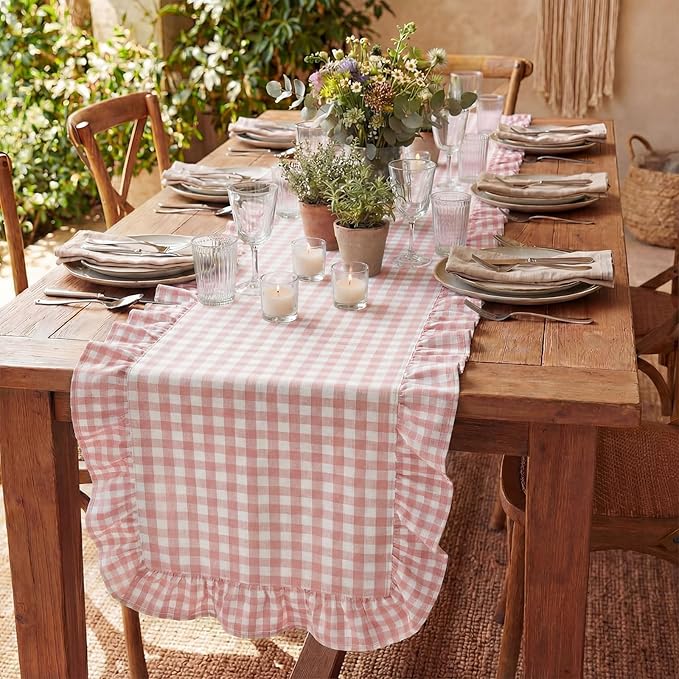 HunnmingRe 1 Pcs Light Pink Plaid Gingham Ruffle Table Runner 72 x 13.8'' Farmhouse Easter Table Runner 100% Cotton Scalloped Long Dresser Scarves for Dining Room, Wedding, Kitchen Rustic Home Decor