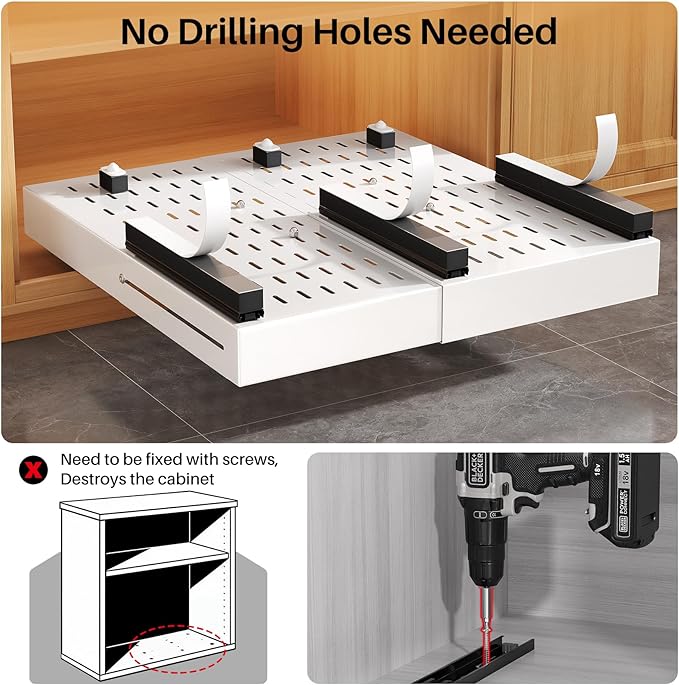 Pull out Cabinet Organizer, Expandable Width(14"-24"), Depth(13"-24") with 3 Rails, Slide Out Drawers With Raising Pad for Framed Cabinets, Fixed with Adhesive Film for Cabinets in Kitchen, White