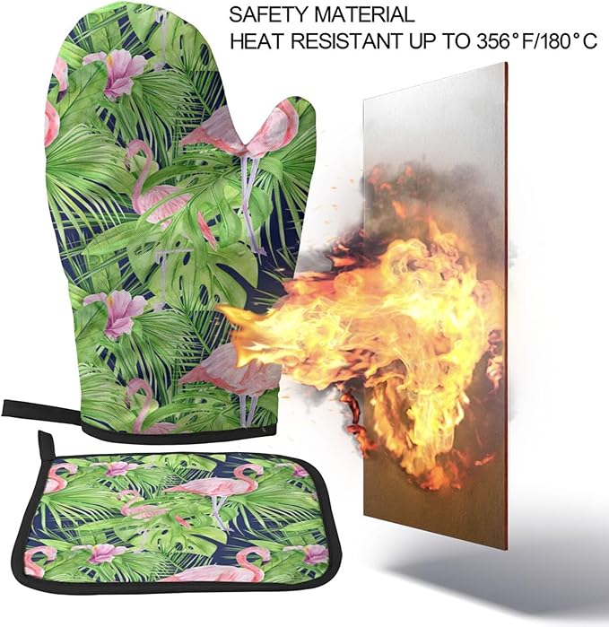 Watercolor Illustration Tropical Leaves Oven Mitts & Pot Holders Sets 2pcs Summer Pink Flamingo Decorative Kitchen Heat Resistant Non-Slip Hot Pad for Cooking Oven Gloves Baking BBQ