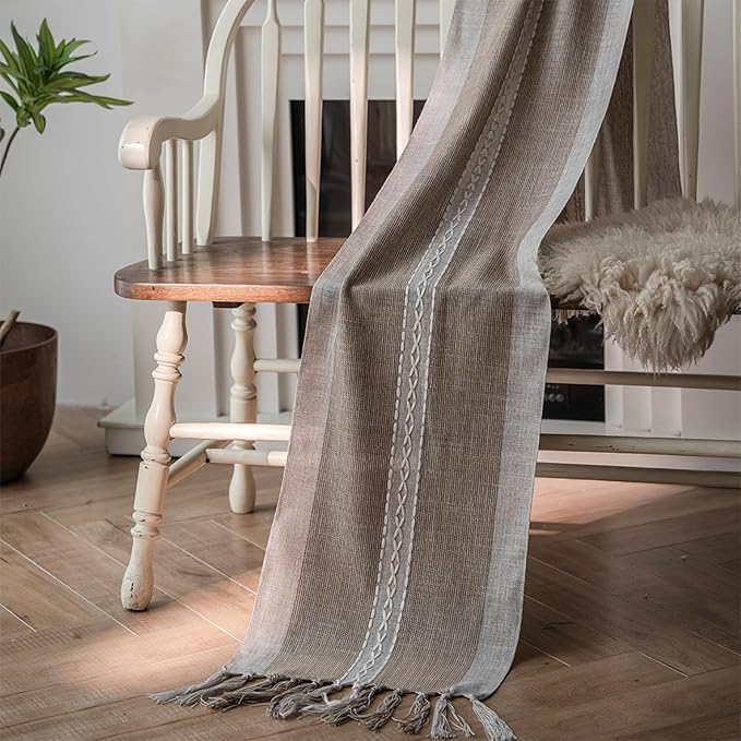 Niviy Farmhouse Table Runner, Embroidered Striped Braided Coffee Boho Table Runner, Cotton Linen Farmhouse Table Decoration for Holiday Party 12 x 60 Inches