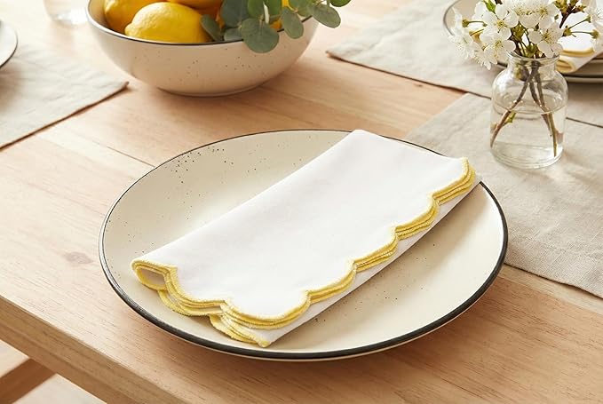 PurpleEssences Scalloped Embroidery Cloth Napkins - Spring Easter Summer - Table Decor - 100% Cotton - Set of 4-18x18 inch - White - Edges - Yellow