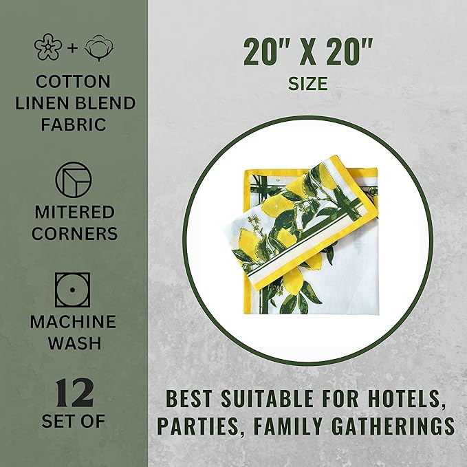 FINGERCRAFT Cloth Napkins, Set of 12 Cotton Linen Blend Printed Dinner Napkins Cloth Mitered Corner Perfect for Parties Dinners Weddings Cocktail Christmas Easter 20x20 Lemon Print