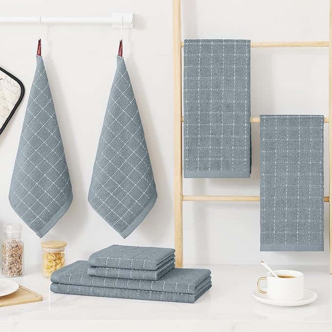 Homaxy Kitchen Towels and Dishcloths Set, 12 x 12 and 13 x 28 Inches, Set of 8 Bulk Cotton Terry Kitchen Towels Set, Checkered Designed, Soft and Super Absorbent Dish Cloths, Grey