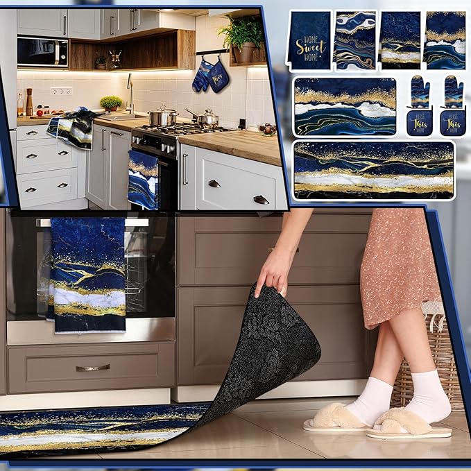 Fourluoo 10 Pcs Kitchen Dish Towels Rugs Oven Mitts and Pot Holders Kit Farmhouse Kitchen Decor Set Gloves Vintage Potholders for Baking Cooking Chef(Blue,Modern)